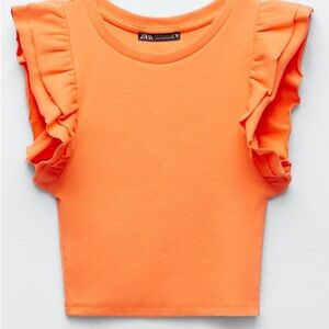 Zara orange ruffle top, cropped